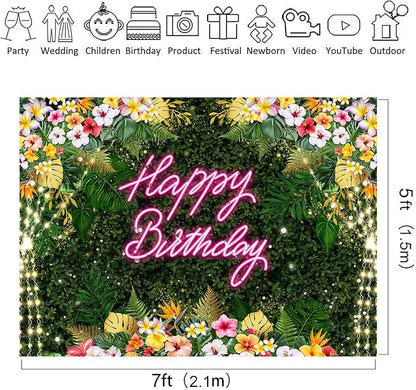 Riyidecor Happy Birthday Backdrop for Women Fabric Floral Green Leaves Pink Neon Girl Summer Hawaii Flower Plant 7Wx5H Feet Lights Botanical Photography Background Birthday Photo Studio Shoot