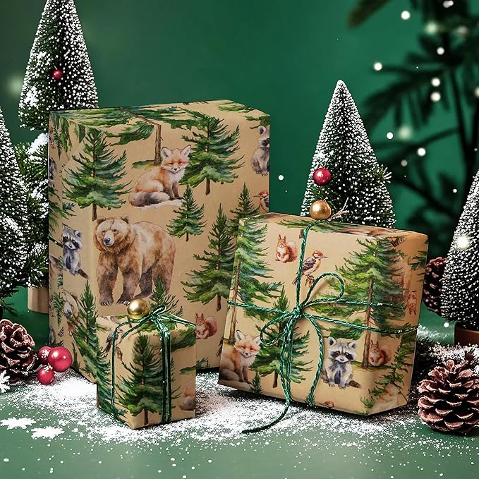 WRAPAHOLIC 30 Inch Kraft Christmas Wrapping Paper - 30 Inch x 33 Feet - Wild Animal Winterfall Watercolor and Christmas Tree Wrapping Paper Perfect for Holiday, Party Celebration