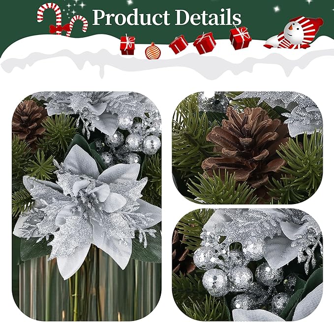 BLOSMON Poinsettias Artificial Christmas Flowers: 6 Pcs Silver Glitter Fake Christmas Floral Ball Centerpieces Decoration for Tables Silk Faux Poinsettia Holiday Flower Arrangement Xmas Plants Decor