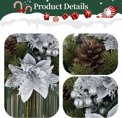 BLOSMON Poinsettias Artificial Christmas Flowers: 2 Pcs Silver Glitter Fake Christmas Floral Ball Centerpieces for Tables Decoration Silk Faux Poinsettia Holiday Flower Arrangement Xmas Plants Decor