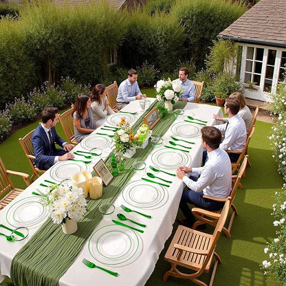 SUT 175 Pcs Green and Clear Plastic Dinnerware Set for 25 Guests, Include: 25 Dinner Plates, 25 Dessert Plates, 25 Pre Rolled Napkins With Silverware, 25 Cups, Disposable Plates for Party, Christmas