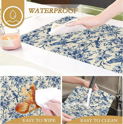 Vintage Flower Bird Placemats Set of 6, 12x18 Inch Waterproof Stain Resistant Linen Table Placemats Summer Seasonal Farmhouse Kitchen Party Decor Home Decor