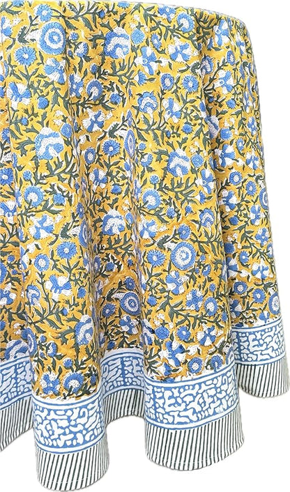 ATOSII Marigold Blue100% Cotton Round Tablecloth, Block Print Floral Table Cloth for Dining, Parties, Weddings, Outdoors, Holidays I 90" Inches, 6 Seater I Grandmillennial Farmhouse Spring Summer Boho