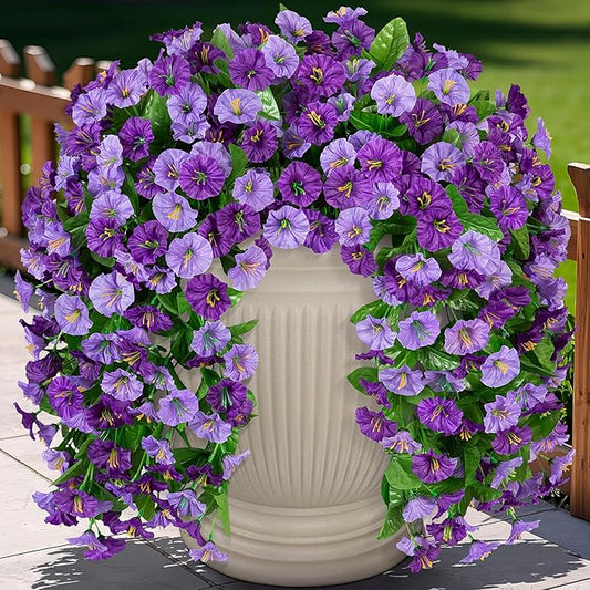 Artificial Fake Hanging Flowers Plants for Outdoor Decoration, 2PCS Faux Silk Morning Glory Long Vines Stems UV Resistant Look Real for Spring Summer Outside Home Porch Patio, Purple