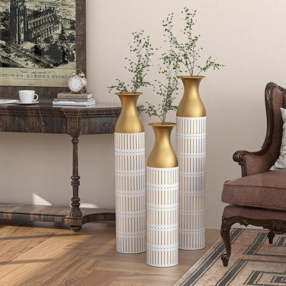 Metal Floor Vases Decorative, Set of 3 Flower Arrangement Stand, White Glazed Metal Decorative Vase Tall Distressed Metallic Centerpiece Vases, 33.5", 28.7", 24" H (White PU)