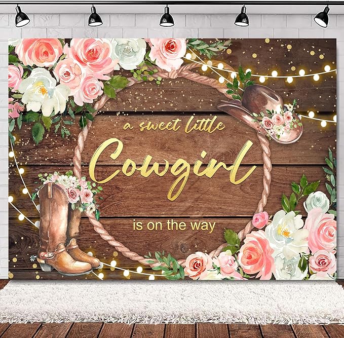 SVBright Western Cowgirl Baby Shower Backdrop 7Wx5H Rustic Country Rural Wood Board Plank Pink Floral Retro Bohemian Hat Plant Botanical Decorations Photography Background Banner Photo Booth Studio