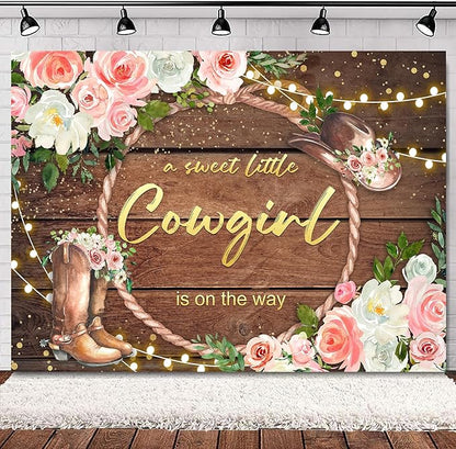 SVBright Western Cowgirl Baby Shower Backdrop 7Wx5H Rustic Country Rural Wood Board Plank Pink Floral Retro Bohemian Hat Plant Botanical Decorations Photography Background Banner Photo Booth Studio