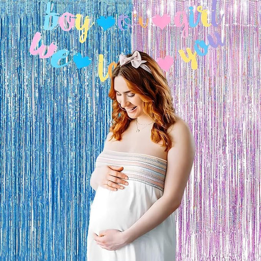 BRAVESHINE Pink Blue Tinsel Foil Fringe Curtains - 2Pcs 3.2x8.2ft Holidays Photo Streamers Backdrop for Christmas/Mermaid/Princess/Easter/Girl or Boy Birthdays/Bridal Shower Party Supplies Decorations