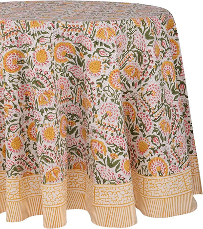 ATOSII Clover Yellow 100% Cotton Round Tablecloth, Handblock Print Floral Table Cloth for Kitchen Dining Linen I Parties, Weddings, Outdoors, Christmas, Thanksgiving I Fall Home Decor 90" Inches Round