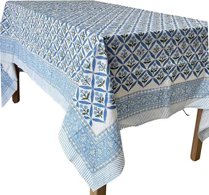 ATOSII Netta Blue 100% Cotton Rectangle Summer Tablecloth, Handblock Floral Print Linen Table Cloth for Kitchen Dining I Parties, Weddings, Outdoors, Decor 60 X 90 Inches, 6 Seater