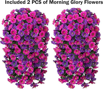 Artificial Fake Fall Hanging Plants Flowers for Outdoor 2 PCS Faux Silk Morning Glory Vines Stems UV Resistant for Wall Home Porch Patio Party Wedding Decor (Dark Purple and Fuchsia)