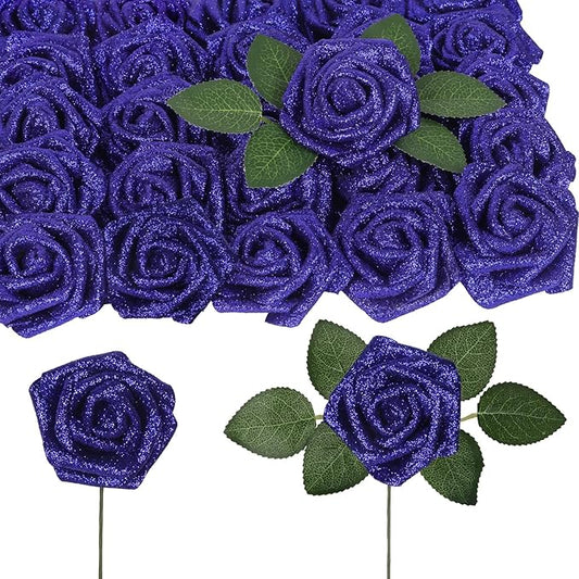 Artificial Roses,50PCS Royal Blue Roses Artificial Flowers 2.76" Sparkle Roses Glitter Flowers for Wedding Christmas DIY Wreath Home Table Floral Arrangement(Royal Blue)