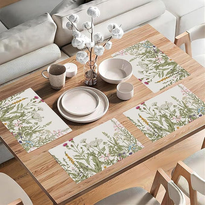 Wild Flowers Placemats Set of 4,Vintage Floral Plant 12x18 Inch Non-Slip Washable Heat Resistant Linen Fabric Table Mats,Place Mats for Holiday Party