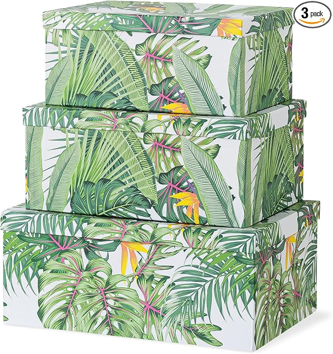 Soul & Lane Decorative Storage Cardboard Boxes with Lids | Tropical Breeze - Set of 3 | Green Jungle Leaves Paperboard Nesting Boxes