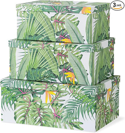 Soul & Lane Decorative Storage Cardboard Boxes with Lids | Tropical Breeze - Set of 3 | Green Jungle Leaves Paperboard Nesting Boxes