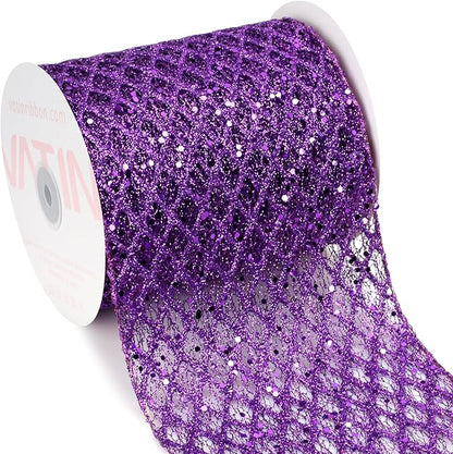 VATIN 6" Purple Christmas Ribbon, Purple Glitter Mesh Diamond Web Sequin Dots Wired Christmas Ribbon for Gift Wrapping Bow Making Wreath Supply-10 Yards