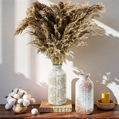 Ceramic Flower Vase Home Décor, 9.25 Inch Rustic Farmhouse Vase, Ribbed Vintage Vase, Pottery Decorative Vases for Living Room, Entryway Table, Shelf, Kitchen Island, Coffee Table(Mottled-Gray)