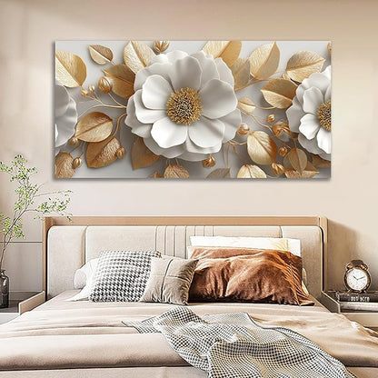 Tarfupth Floral Canvas Wall Art for Living Room Gold and White Flowers Large Botanical Artwork for Bedroom Office Home Decor Canvas Prints 29"x58"