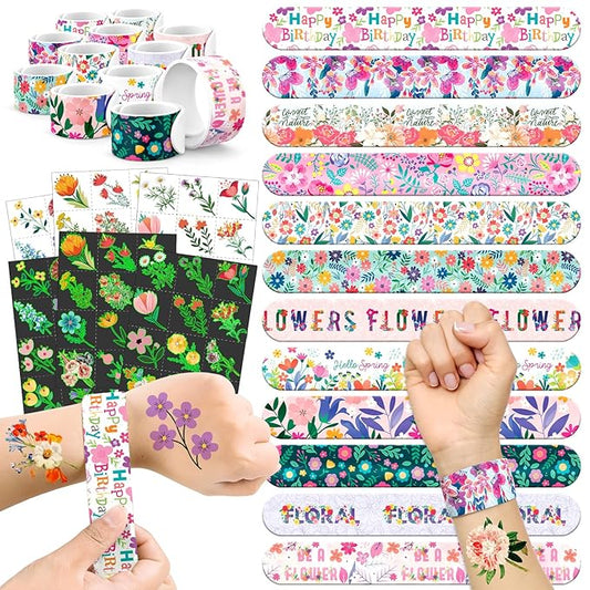 96 PCS Floral Flower Party Favors Set – 72 Pre-Cut Temporary Tattoos & 24 Slap Bracelets for Kids, Perfect for Spring Birthday Parties, Flower Festivals & Classroom Rewards