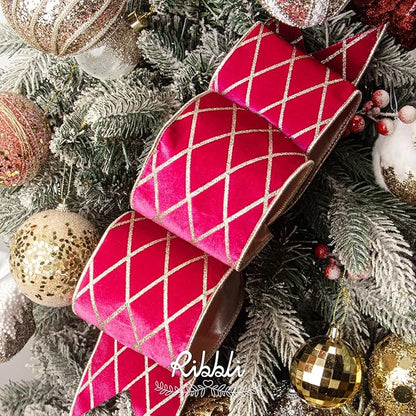 Ribbli Hot Pink Velvet Ribbon Wired with Glitter Diamond Grid 4 Inch Christmas Ribbon for Christmas Tree Decoration Big Bow Gift Wrapping Crafts Wreaths Garland Supplies - 10 Yards