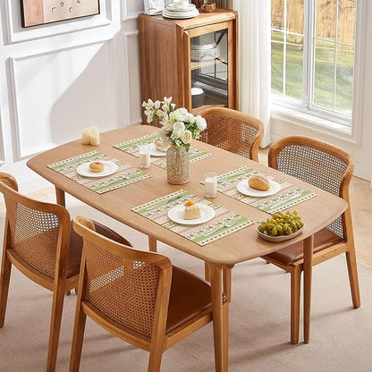 LilyCat Linen Fabric Multicolor Floral Placemats, Stripes Durable Boho Dining Table Mats for Kitchen, Rustic Vintage Washable Place Mats Set of 6, 18’’× 12’’