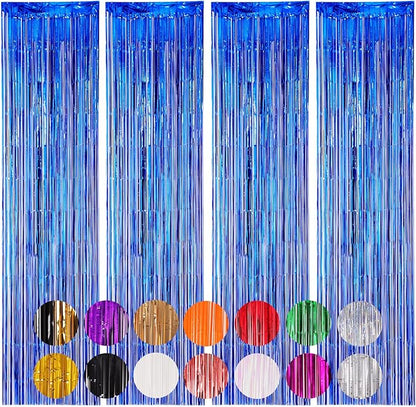 4 Pack Blue Foil Fringe Backdrop Curtains, Tinsel Streamers Birthday Party Decorations, Fringe Backdrop for Graduation, Baby Shower, Gender Reveal, Disco Party