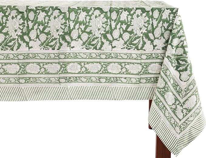 ATOSII Meraki Green 100% Cotton Rectangle Tablecloth, Hand Block Print Washable Table Cover, Dining, Christmas Parties, Outdoors, Weddings, Thanksgiving, Halloween Fall Decor 60 X 108 Inches, 8 Seater