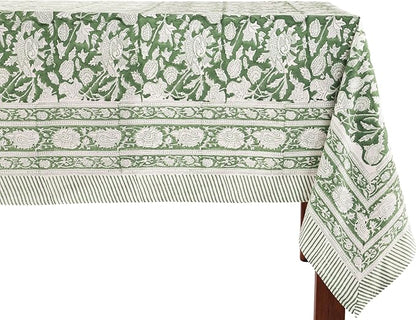 ATOSII Meraki Green 100% Cotton Rectangle Tablecloth, Hand Block Print Washable Table Cover, Dining, Christmas Parties, Outdoors, Weddings, Thanksgiving, Halloween Fall Decor 60 X 108 Inches, 8 Seater
