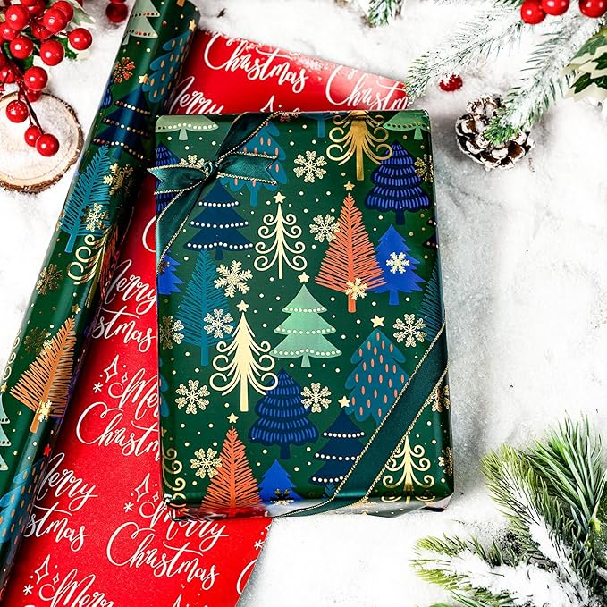 MAYPLUSS Christmas Wrapping Paper Roll - 17 Inch X 33 Feet - Green Gift Wrapping Paper Christmas Tree Snowflake Reversible Red for Holiday Party New Year Kids
