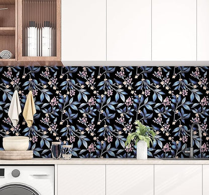 Dark Peel and Stick Wallpaper Vintage, Black Blue Leaf Removable Self-Adhesive Vinyl Contact Paper for Bathroom Bedroom Drawer Cabinet, Black Navy Gold Floral Design Retro Style 17.5" x 118"