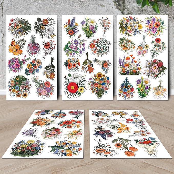 Wild Flower Bunch Stickers 50 Pieces Vinyl Waterproof Decal for Laptop Water Bottle Phone Car Window Guitar Stakeboard Scrapbook Flowers Sticker Gifts