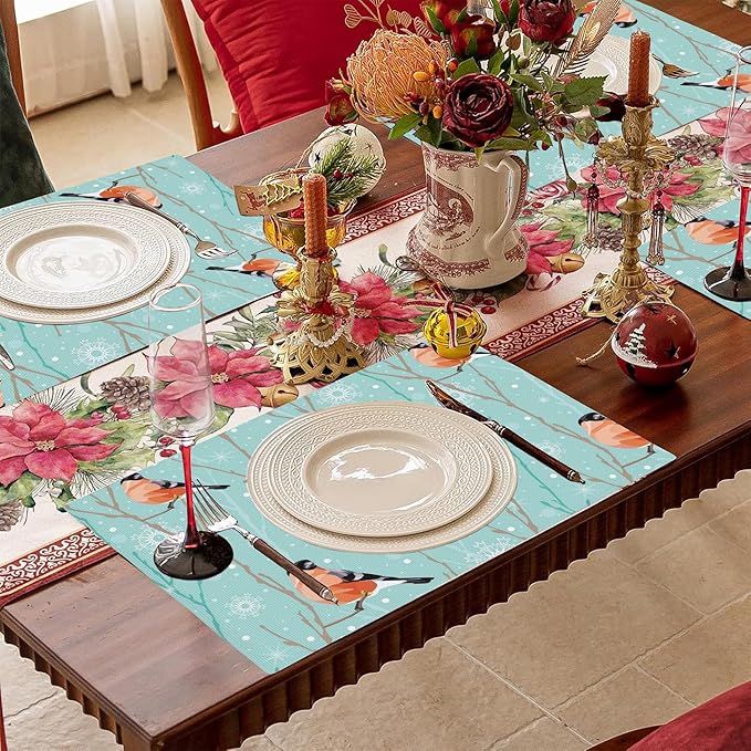 Christmas Snowflakes Placemats Set of 4,Bullfinch Placemats Dining Table Mat Set,12x18 Washable Stain Resistant Wipeable Cloth Placemat for Kitchen Buffet Parties