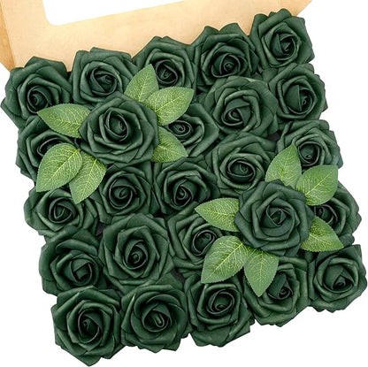 Artificial Flowers, 25pcs Hunt Green Artificial Roses Flowers with Stems Real Touch Fake Roses for DIY Wedding Bouquet Centerpiece Bridal Shower Baby Shower Home Decoration