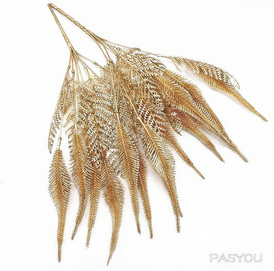 PASYOU Artificial Plants for Christmas Decor, Plastic Grass Fake Shrubs Simulation Tail Leaves Indoor Outdoor Home Garden Planter Filler Party Hotel Verandah Wedding Faux DIY Decoration - Gold 4 Pack