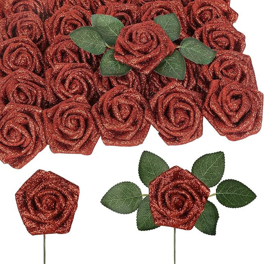Artificial Flowers,50PCS Fake Red Roses 2.76" Glitter Foam Roses Artificial Flowers for Wedding Christmas DIY Wreath Home Table Floral Arrangement(Red)