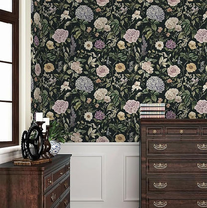HeloHo Vintage Floral Peel and Stick Wallpaper 17.3"x393.7" Boho Contact Paper Dark Flower Self-Adhesive Removable Wallpaper Renter Friendly Botanical Wall Paper for Cabinets Bedroom Vinyl Rolls