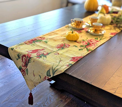 Tache Floral Red Roses Birds Golden Woven Table Runner - Vintage Tapestry Botanical Kitchen Dining Dinner Linens Cloth - 13 x 54 inches