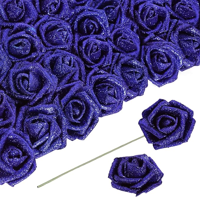 Glitter Foam Roses 30 PCS Royal Blue Roses Artificial Flowers Foam Flowers Glitter Roses with Stem Artificial Flowers for DIY Wedding Bridal Bouquet Party Centerpieces Decor(Royal Blue)