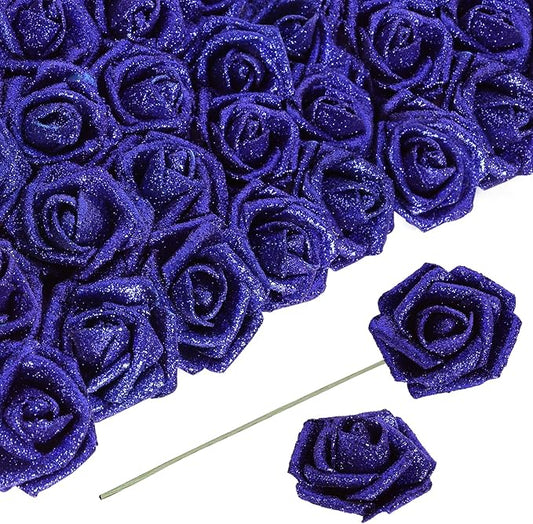 Glitter Foam Roses 30 PCS Royal Blue Roses Artificial Flowers Foam Flowers Glitter Roses with Stem Artificial Flowers for DIY Wedding Bridal Bouquet Party Centerpieces Decor(Royal Blue)