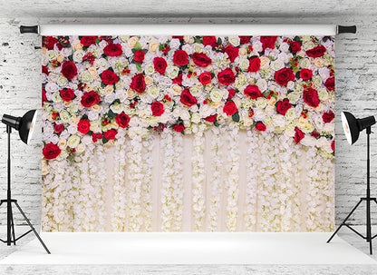 MAEQLQLM 12x8ft Wedding Flower Wall Backdrop Romantic Red White Floral Wall with Hanging Flowers Photography Background for Wedding Party Decor Bridal Shower Photo Booth Props