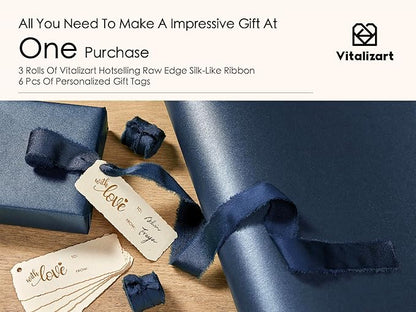 Vitalizart Blue Wrapping Paper Set 30" Pearly-Lustre With Silk Like Satin Ribbon & Gift Tags Recyclable Christmas Gift Wrapping Birthday Baby Shower Wedding Handmade Crafts 197"(16.4 Ft)