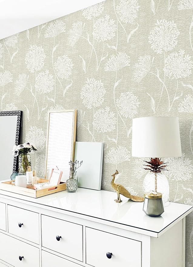 Safiyya Peel and Stick Wallpaper Faux Grasscloth Floral Contact Paper Beige Fabric Wall Paper Modern Linen Neutral Self Adhesive Removable Wallpaper for Bedroom 78.7"x17.3" Vinyl Rolls