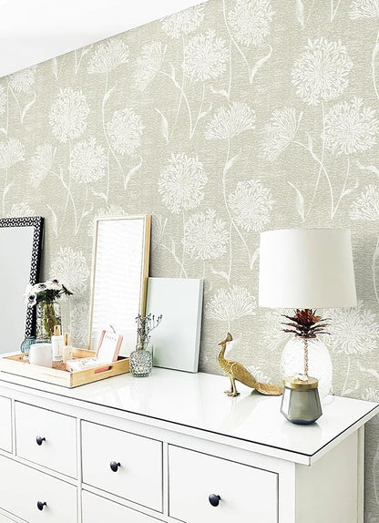 Safiyya Peel and Stick Wallpaper Faux Grasscloth Floral Contact Paper Beige Fabric Wall Paper Modern Linen Neutral Self Adhesive Removable Wallpaper for Bedroom 78.7"x17.3" Vinyl Rolls