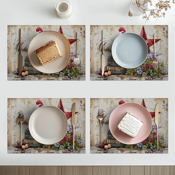 Farmhouse Chicken Placemats Set of 4 Washable Table Retro Rooster Heat-Resistant Cotton Linen Place Mats for Dining Table Kitchen Indoor Outdoor Party Holiday Decor