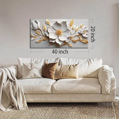 Canvas Wall Art for Living Room Bedroom Office White and Gold Flower Artwork Large Botanical Floral Wall Art Framed Wall Decor Modern Canvas Prints 20x40 In