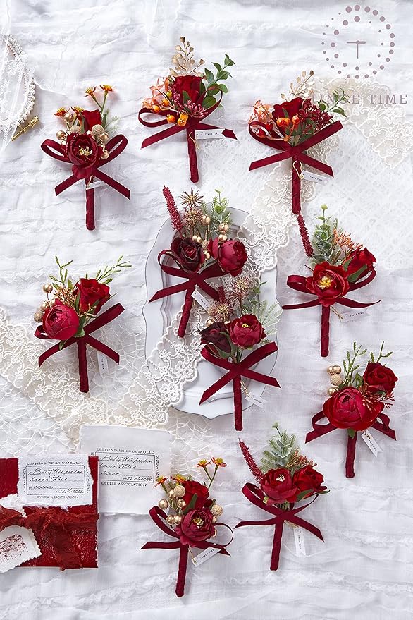 TINGE TIME Boutonniere for Men Wedding,Groom and Best Man Boutonniere for Wedding Ceremony Anniversary, Formal Dinner Party and Rustic Spring Wedding Marriage (10, Deep Red)