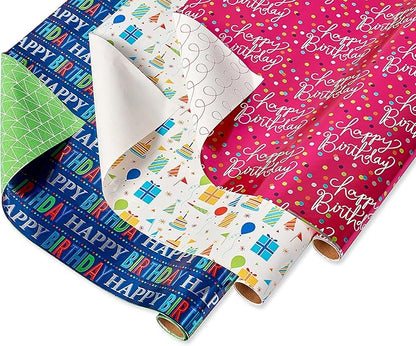 American Greetings Reversible Birthday, Baby, Wedding, and All Occasion Wrapping Paper, Unicorns and Dinosaurs (9 Rolls, 225 sq. ft.)