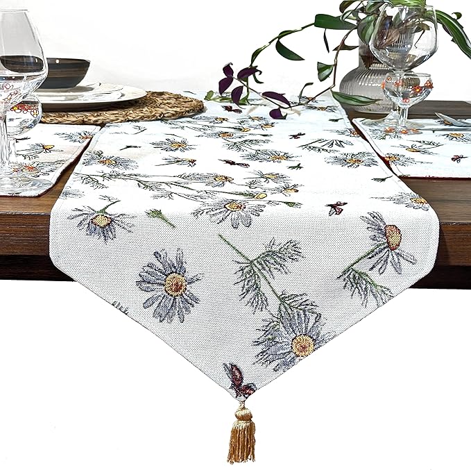 Tache Ivory Floral Table Runner Yellow Daisies Ladybugs Woven - Long Vintage Tapestry Kitchen Dining Dinner Linens Cloth - 13 x 90 inches