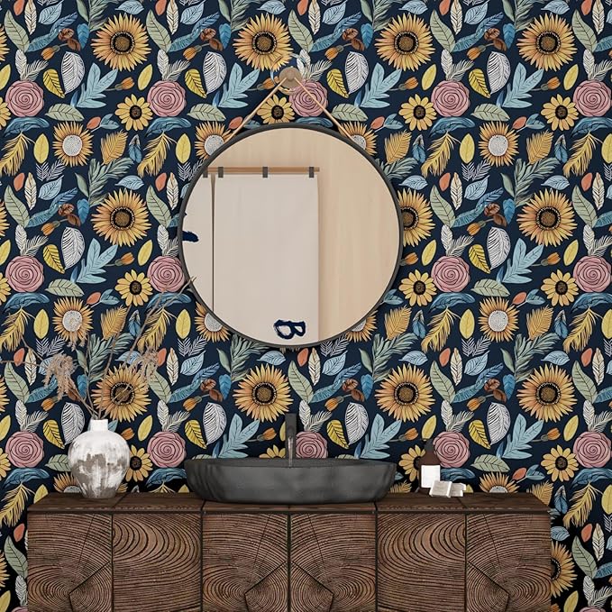 Blue Wallpaper Peel and Stick,Vintage Boho Floral Contact Paper, 17.5" x 393.7" Retro Paisley Flower Botanical Wall Paper Self Adhesive Removable Waterproof for Bathroom Shelves Cabinet Table Decor