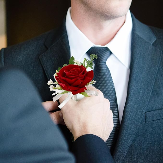 SITUMEIZI 2Pcs Red Rose Corsage and Boutonniere Set Corsage Wristlet Band Bracelet for Prom Decor and Boutonniere for Men Wedding Flowers Accessories Party Suit Decoration